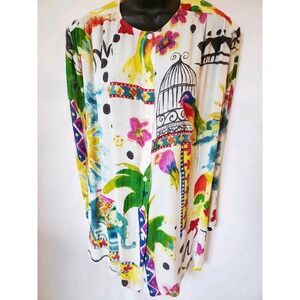 Sandy Starkman Tropical Blouse Womens Large Button Down Parrot Sun Rayon Top